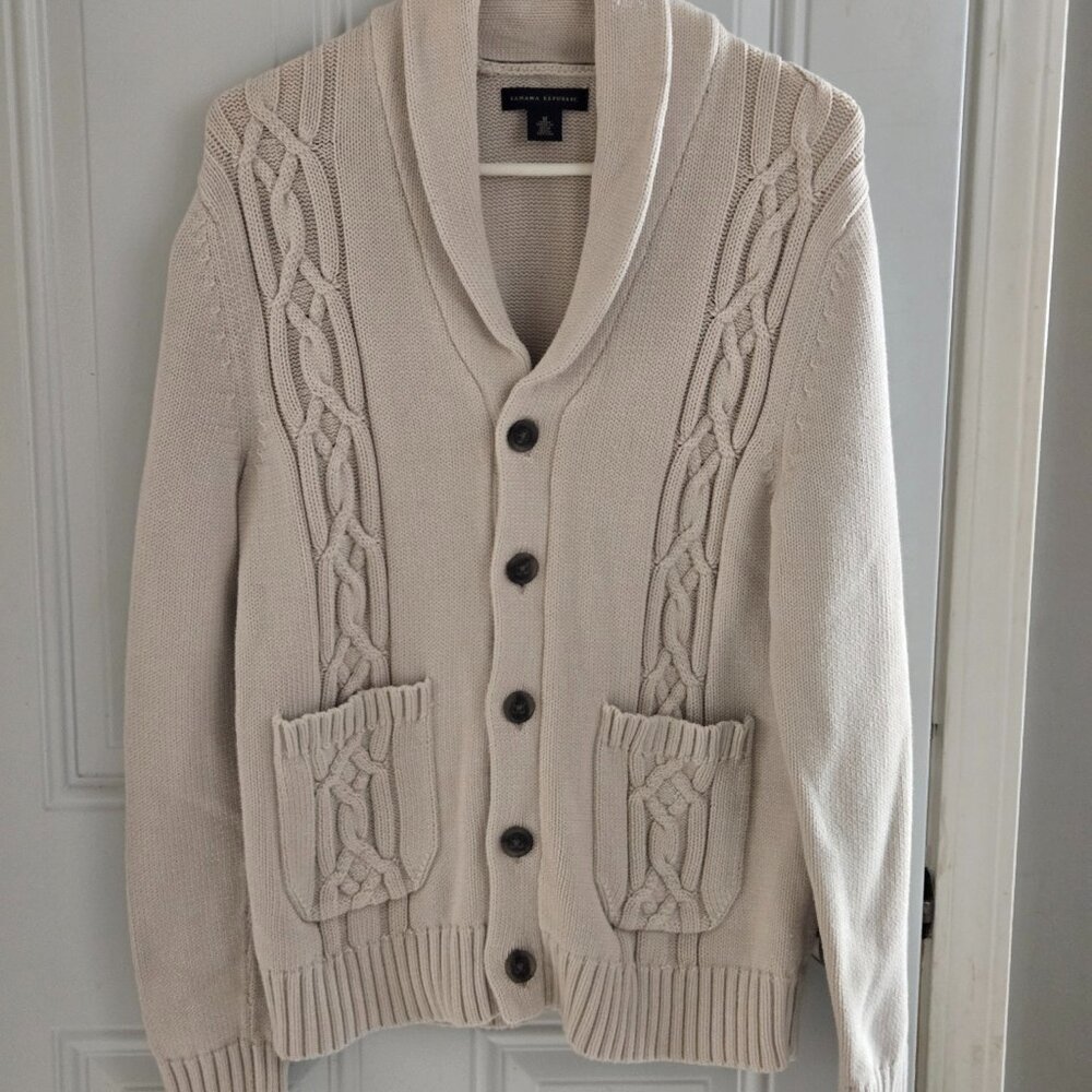 Banana Republic cream cable knit cardigan button front size M 100% cotton